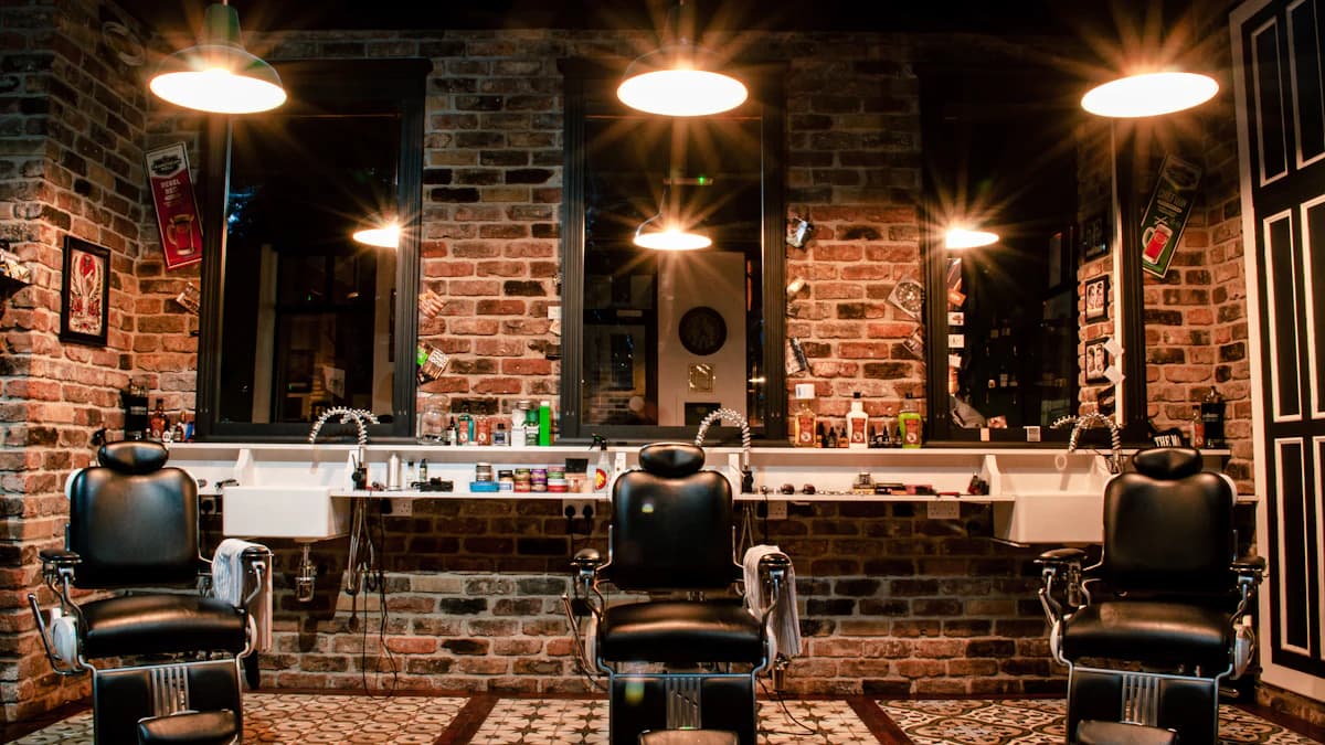 Vintage barbershop with leather chairs and brick wall