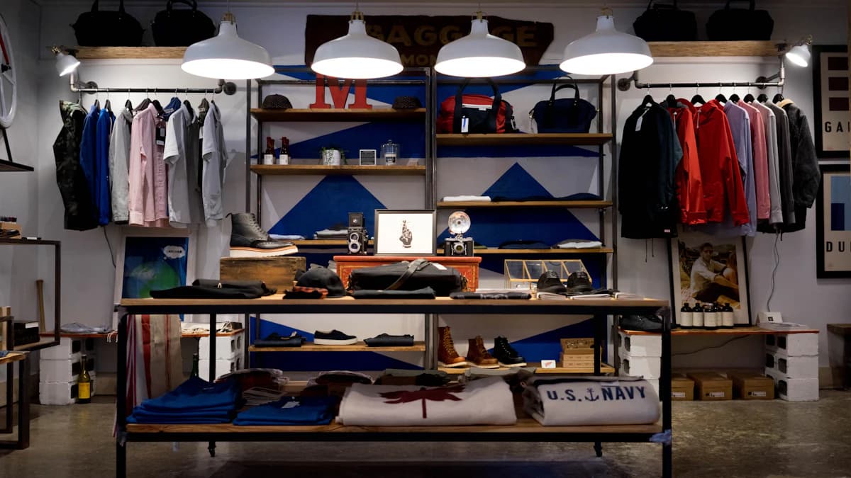 Interior of a clothing store with shelves and displays