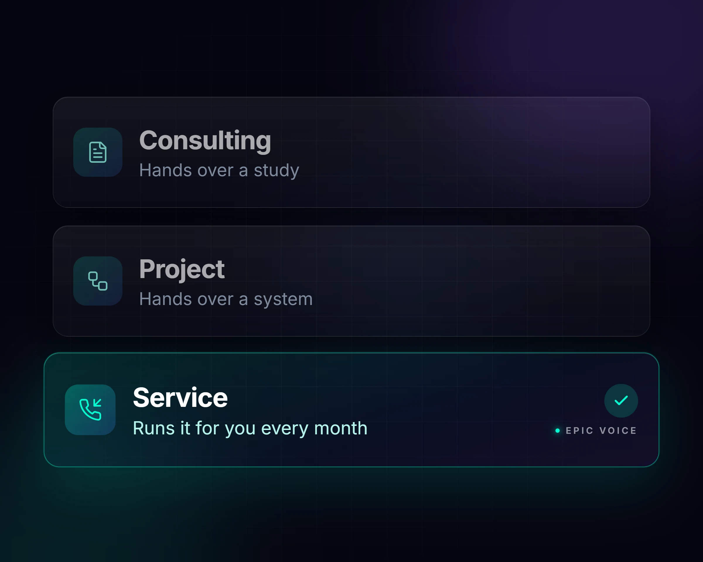 AI agency Epic Voice: consulting, a one-off project or a service that runs every month; Epic Voice is the third