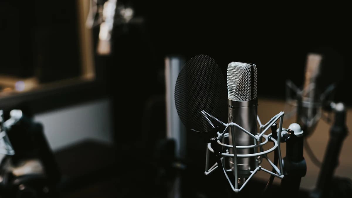 Studio microphone in a dark recording room